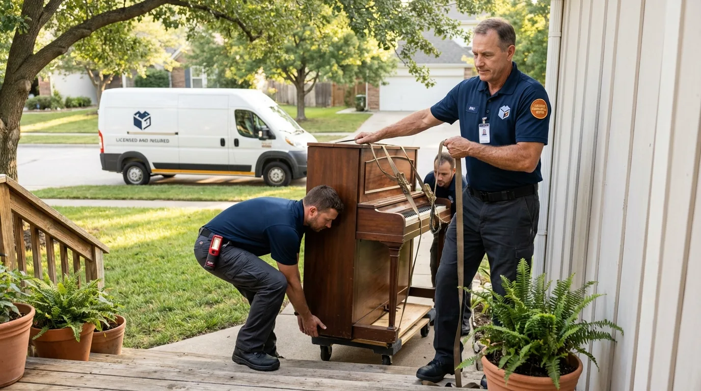 Licensed piano movers securing grand piano in Fort Valley, GA