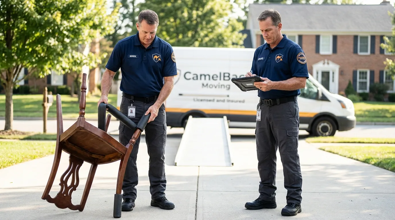 Movers inspecting furniture for damage prevention before loading in Fort Valley, GA