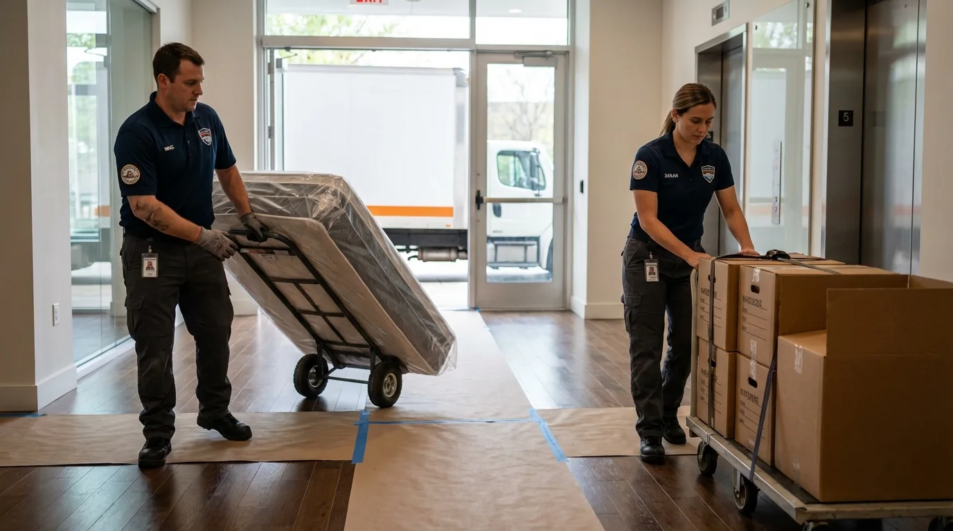 Professional apartment movers loading elevator in Fort Valley, GA