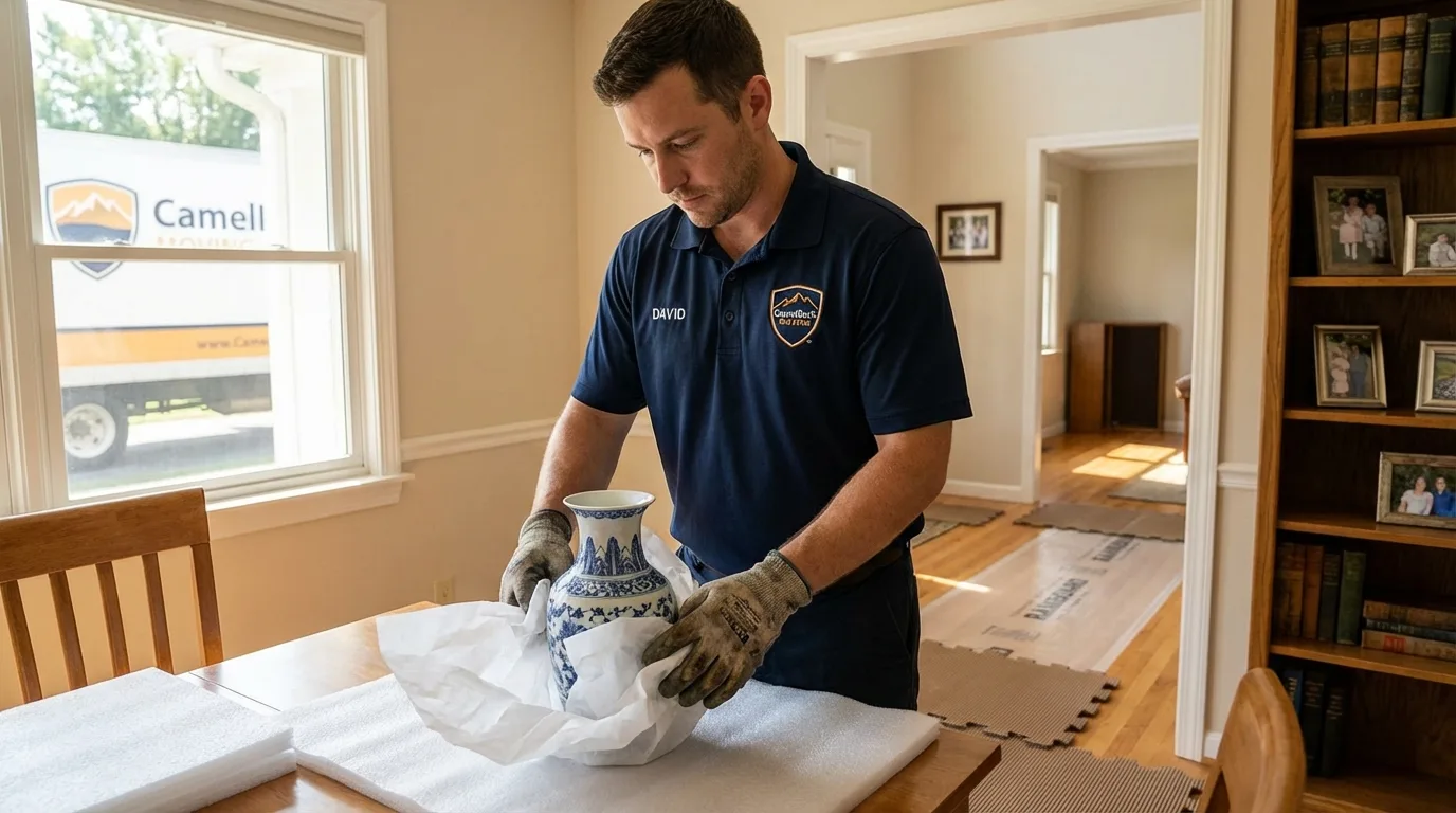 Professional crew carefully wrapping antique vase for senior downsizing move in Fort Valley, GA